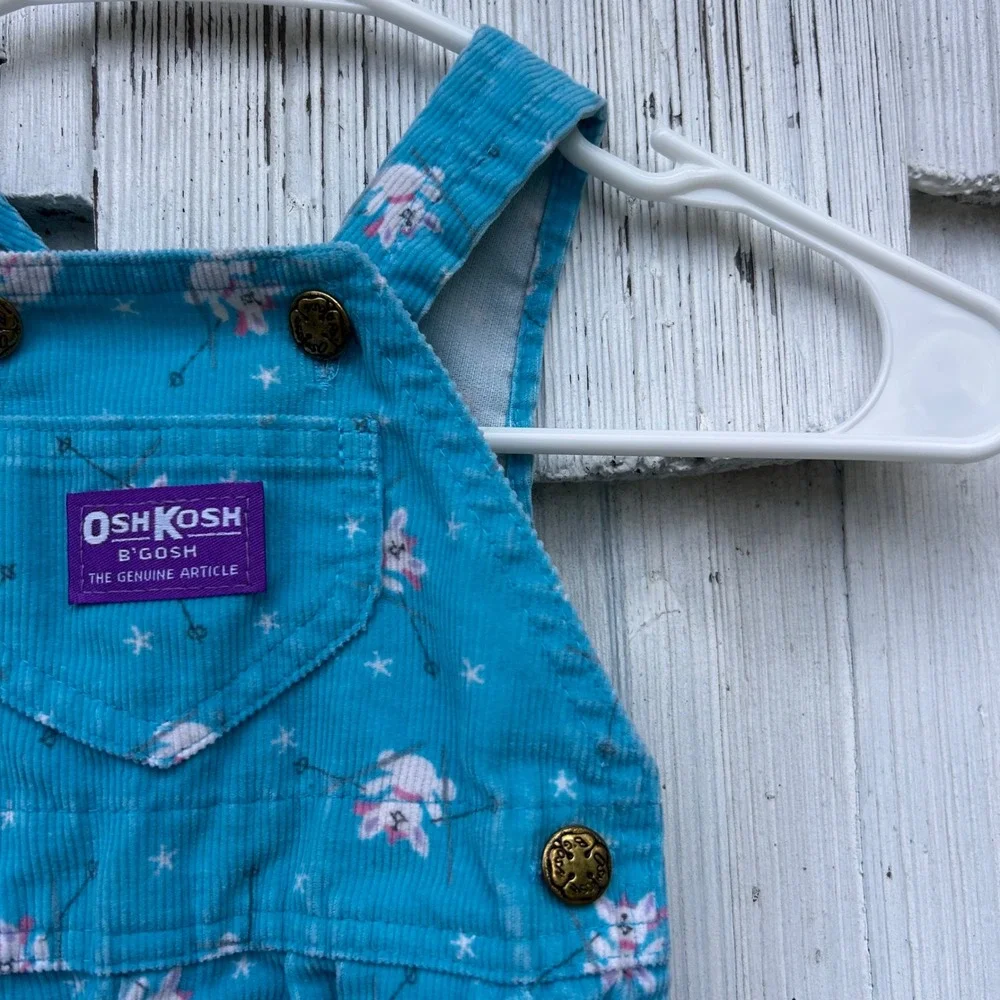 Vintage OshKosh B'gosh Baby Teal Bunny Corduroy Overalls Size 3/6‎ Months